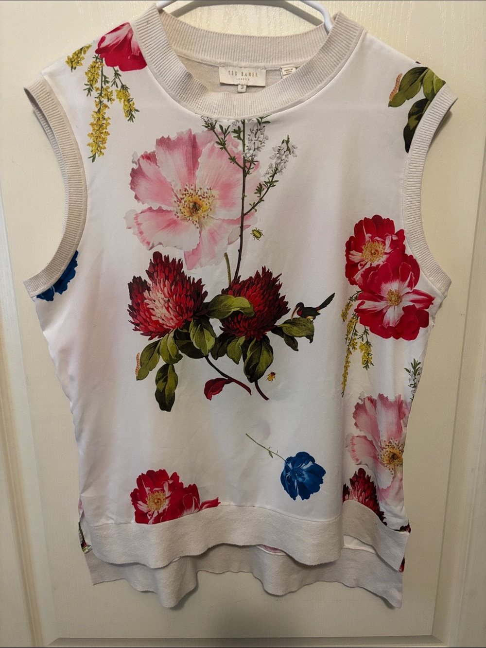 Ted Baker London White Floral Sleeveless Silky Shell with Bold Multicolor Blooms